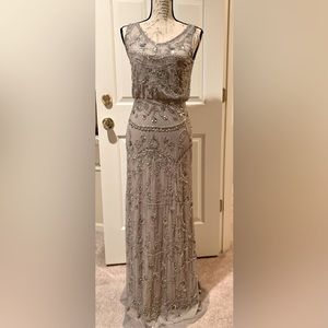 ADRIANNA PAPELL floor length beaded illusion gown in gunmetal, size 10